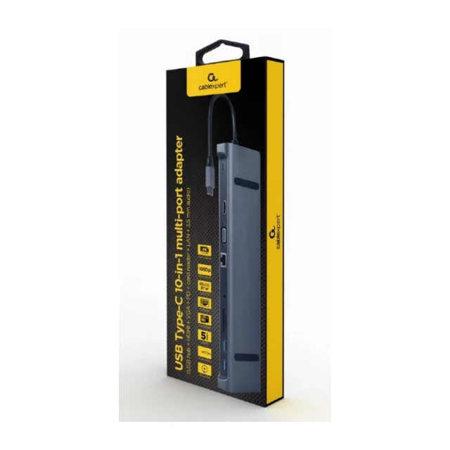 A-CM-COMBO10-01 Gembird USB Type-C 10-in-1 multi-port adapter(USB hub+HDMI+VGA+PD+card r+LAN+3.5mm)