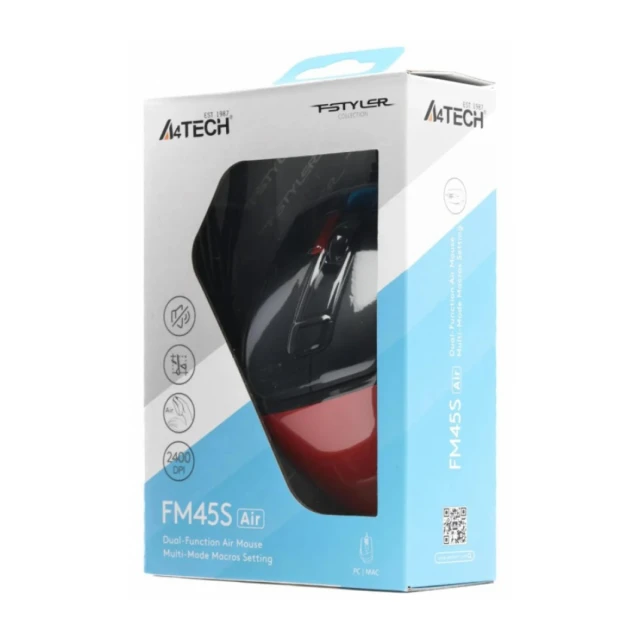 A4-FM45S AIR  A4Tech Fstyler opticki mis 125-1000Hz/1000-2400Dpi, 108mm, Silent, 7-but, USB, Red/blk