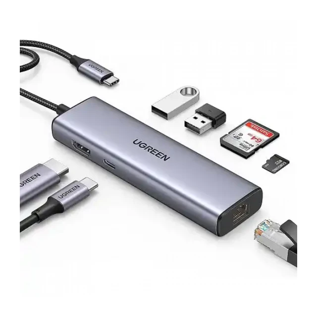 Adapter konverter Tip C 7/1 USB 3.0x2/Ethernet RJ45 /HDMI 4K 30HZ/PD 100W/SD/TF