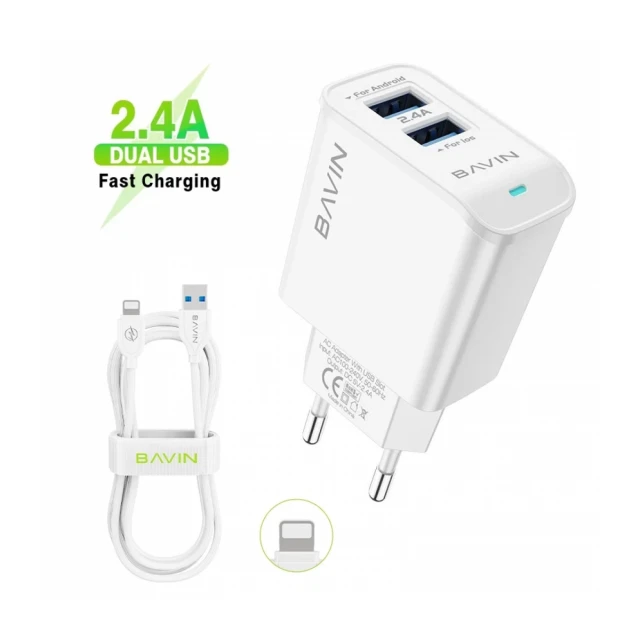 BAVIN punjač 2xUSB-A 2,4A +kabl lightning bela