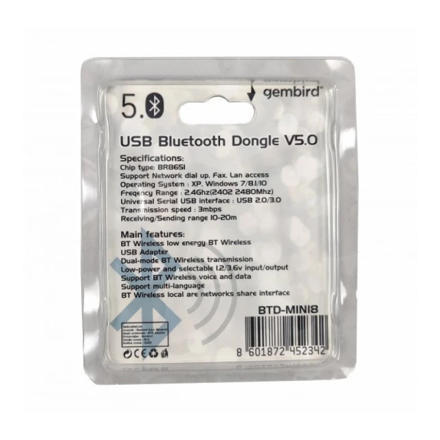 BTD-MINI8 ** Gembird USB2.0/3.0  Bluetooth dongle v5.0, 2.4Ghz 3MB/s(24Mbps) 8dBm 20m BR8651(399)