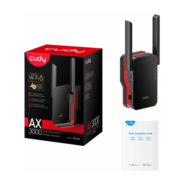 Cudy RE3000 AX3000 Wi-Fi 6 Range Extender, Dual Band 2.4+5Ghz,2x5dBi, 1xLAN, AP, Add-On mesh, LED