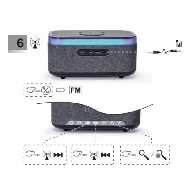 DAC-SPKBT-QC15-BK Gembird Digitalni sat+alarm sa bezicnim punjenjem telefona 15W i zvucnikom, FM, BT