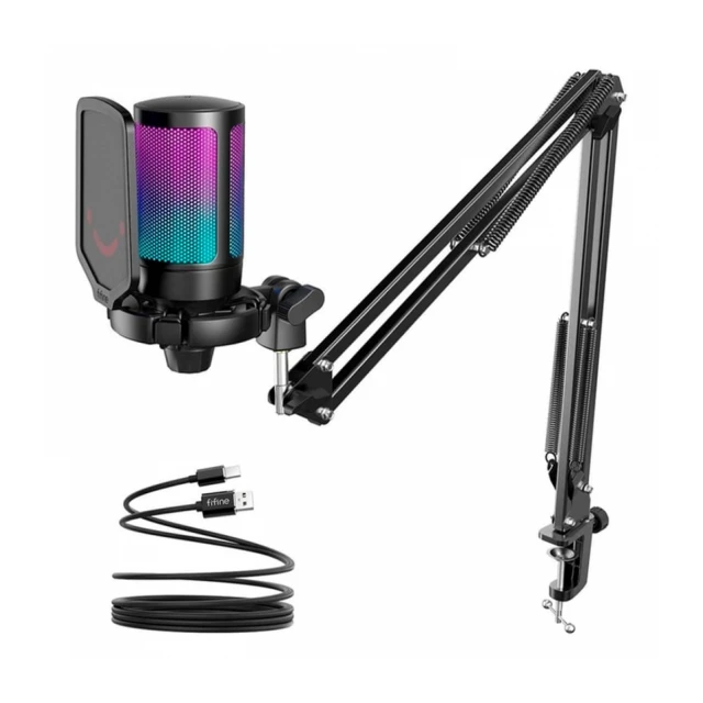 Fifine A6T USB Gamong Microphone With RGB And Boom Arm Stand - Black