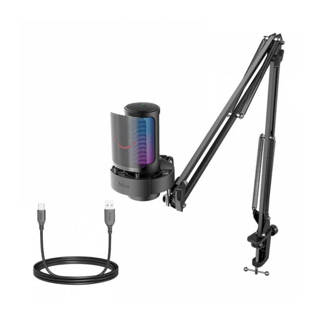 Fifine A8T Gaming Microphone With RGB And Adjustable Arm Stand - Black