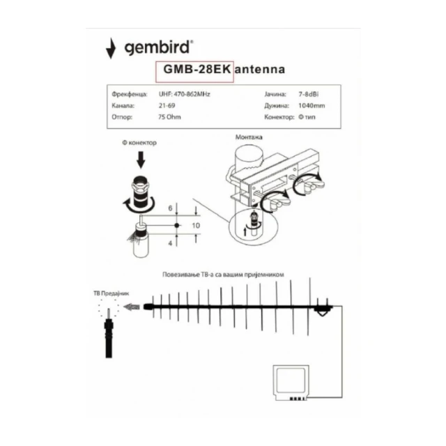 GMB-28EK **Gembird Antena Loga UHF sa F konektorom 28 elemenata, du&#382;ina 104cm, dobit 9dB alumini.696