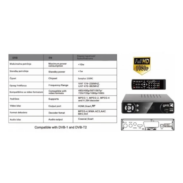 GMB-T2-404 **DVB-T2 SET TOP BOX USB/HDMI/Scart/RF-out, PVR, Full HD, H264,hdmi-kabl,RF modulator1434