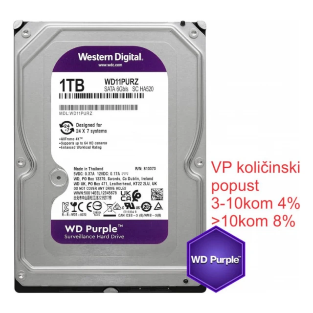 HDD 3.5 ** 1TB WD10PURZ WD Purple 24/7 5400RPM 64MB SATA3