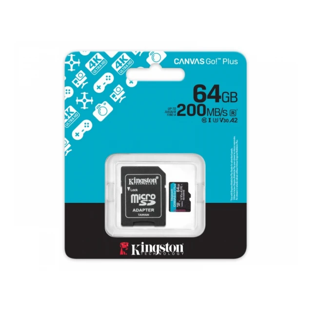 KINGSTON Memorijska kartica U3 V30 microSDXC 64GB Canvas Go Plus 200MB/s A2 + adapter SDCG4/64GB 
