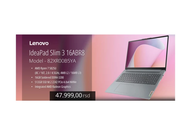 LAPTOP LENOVO 16ABR8 82XR00B5YA RYZEN7 5825U 8X2.0-4.5GHz/16GB/512GB/VEGA 8/16 INCH