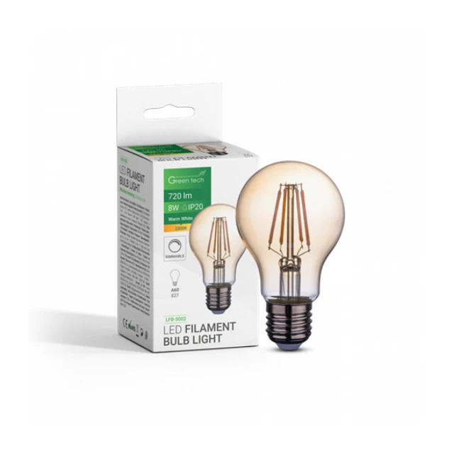 LED SIJALICA FILAMENT AMBER DIMABILNA E27 8W 2300K AC220V A60 GREEN TECH