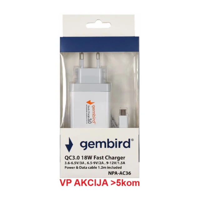 NPA-AC36 ** Gembird QC3.0 brzi punjac +Type C USB kabl,18W 3.6-6.5V/3A, 6.5V-9V/2A, 9V-12V/1.5A(351)