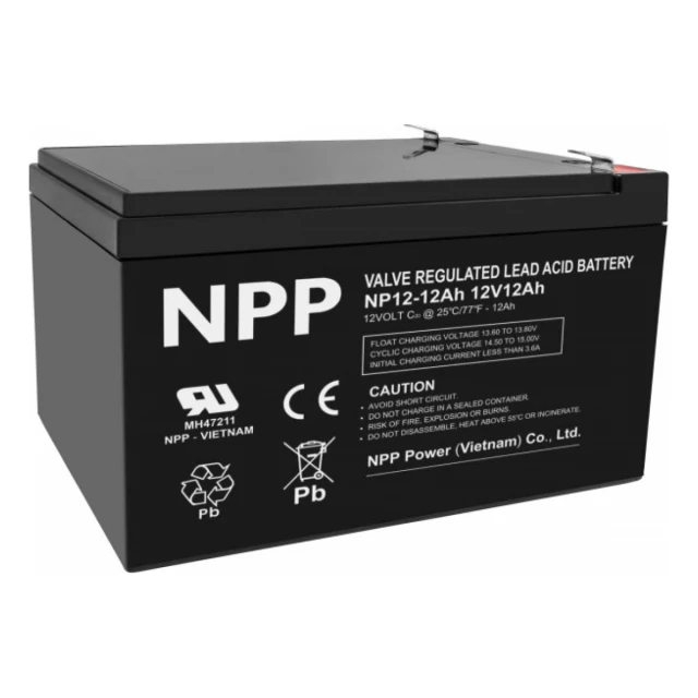 NPP NP12V-12Ah, AGM BATTERY, C20=12AH, T2, 151x98x95x100, 3,3KG, BLACK