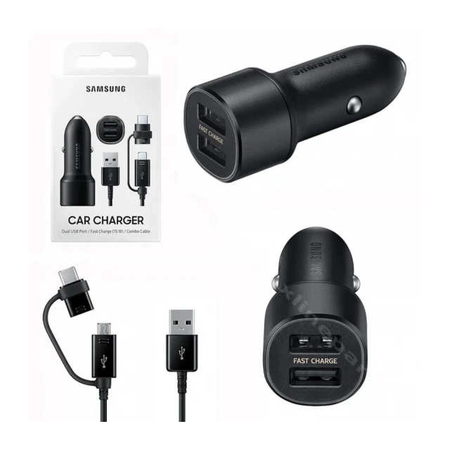 Samsung auto punjač 15W 2xUSB-A + combo kabl micro i Type-C crna