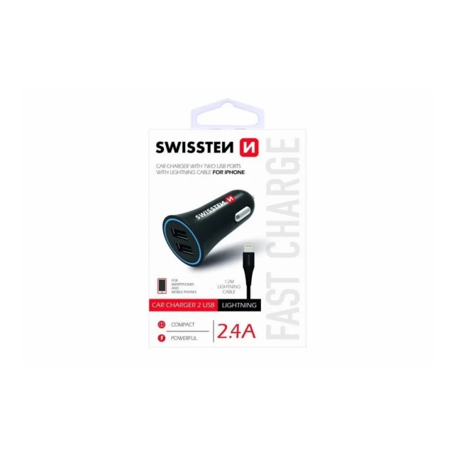 Swissten Auto punjač 2,4A 2X USB + kabl Lightning 1,2m crna