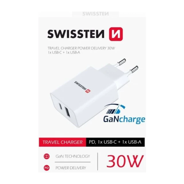 Swissten punjač 1xUSB+ 1X USB C GaN charge 30W bela