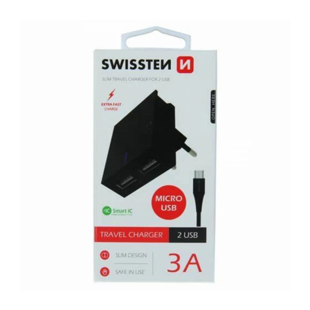 Swissten punjač 2x USB 3A+ kabl micro  USB 1,2m crna