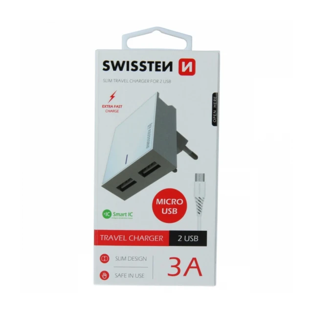 Swissten punjač 2x USB 3A+ kabl micro  USB 1,2m bela