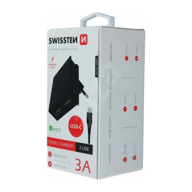 Swissten punjač 2x USB 3A+ kabl Type C 1,2m crna