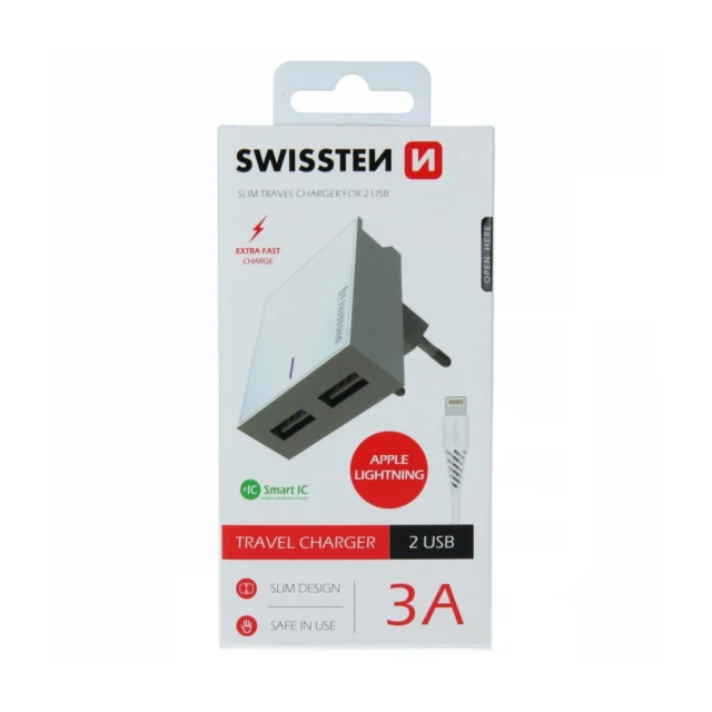 Swissten punjač 2x USB 3A + kabl Lightning 1,2m bela