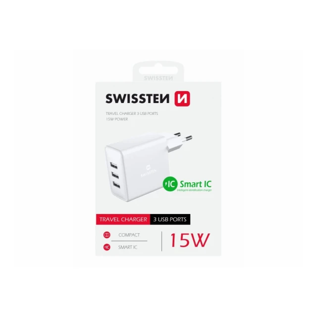 Swissten punjač 3XUSB 15W bela