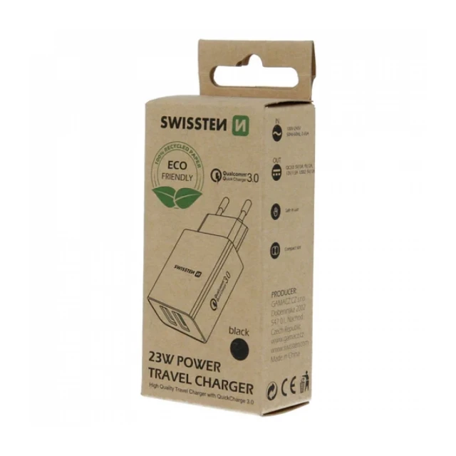 Swissten punjač  Eco Pack 2x USB 23W crna