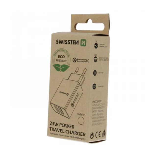 Swissten punjač  Eco Pack 2x USB 23W bela