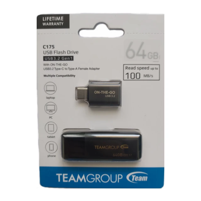 TeamGroup TC175364GB26 64GB C175 USB 3.2 BLACK with Type C adapter