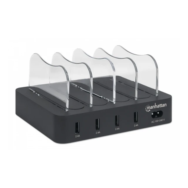 USB punjač 4-port Manhattan 102261 5V/2.4V/34W/držač za telefon Crni